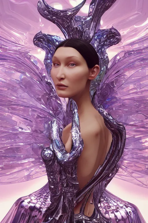 Prompt: a highly detailed 8 k render of a beautiful angel alien goddess bella hadid in iris van herpen dress schiaparelli in diamonds in style of alphonse mucha trending on artstation made in unreal engine 4