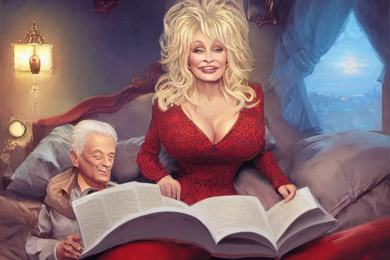 Prompt: portrait of dolly parton reading a bedtime story to bob barker in bed, an oil painting by ross tran and thomas kincade