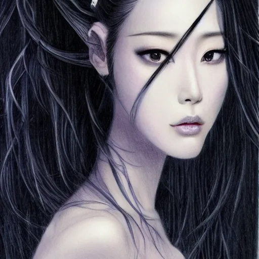 Image similar to a drawing of a woman looks like chinese actress bingbing fan, with long white hair, a character portrait by yoshitaka amano, featured on pixiv, fantasy art, official art, androgynous, anime