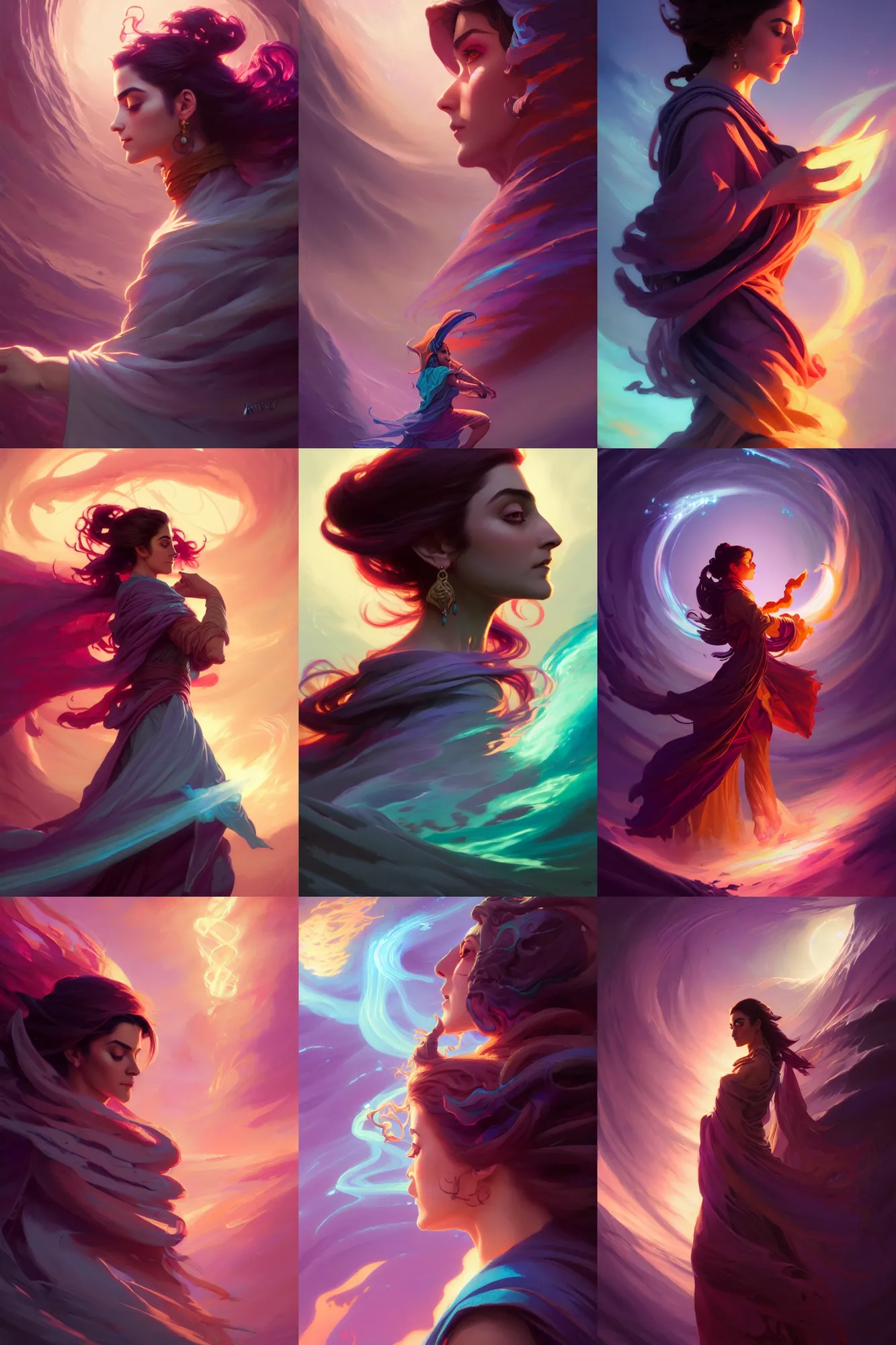 Prompt: side profile, maya ali, wind sorcerer, gloomhaven, dota, robes, elegant, concept art, smooth, psychedelic, colorful swirly magic ripples, pastel colors, by greg rutkowski, jesper ejsing, ilya kuvshinov, artgerm, mucha