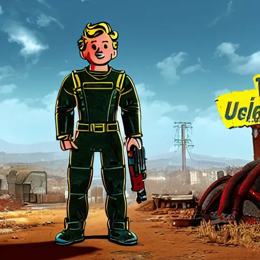 Prompt: fallout 4 info poster of vault boy holding uranium