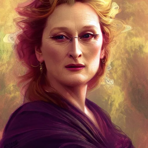 Prompt: painted closeup portrait of meryl streep, feminime, young, charming, majestic, athletic, fantasy, intricate, elegant, extremely detailed digital painting, trending artstation, concept art, sharp focus illustration art by alphonse mucha, greg rutkowski, craig mullins