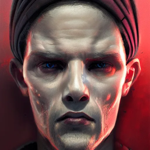 Image similar to Portrait of a man by Greg Rutkowski, symmetrical face, an young man with a VR Heaset covering his eyes, Kubric Stare, cold, twisted and sinister smile, highly detailed portrait, scifi, digital painting, artstation, book cover, cyberpunk, concept art, smooth, sharp foccus ilustration, Artstation HQ