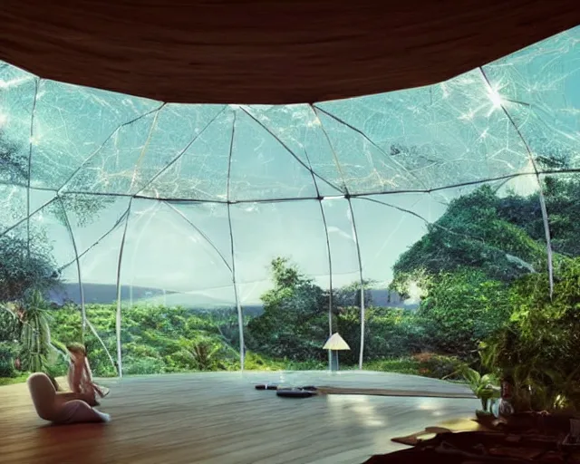 Image similar to futuristic innovation. modular dome house. there is paradise in heaven. smoky ambience. slight green glow in the very far distance. as seen in my dreams of heaven.