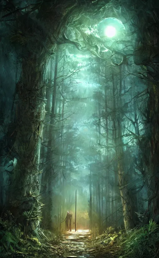 Image similar to a door opening with an ambient light in the forest at night, dynamic lighting, photorealistic fantasy concept, trending on art station stunning, stunning visuals, creative, cinematic, ultra detailed