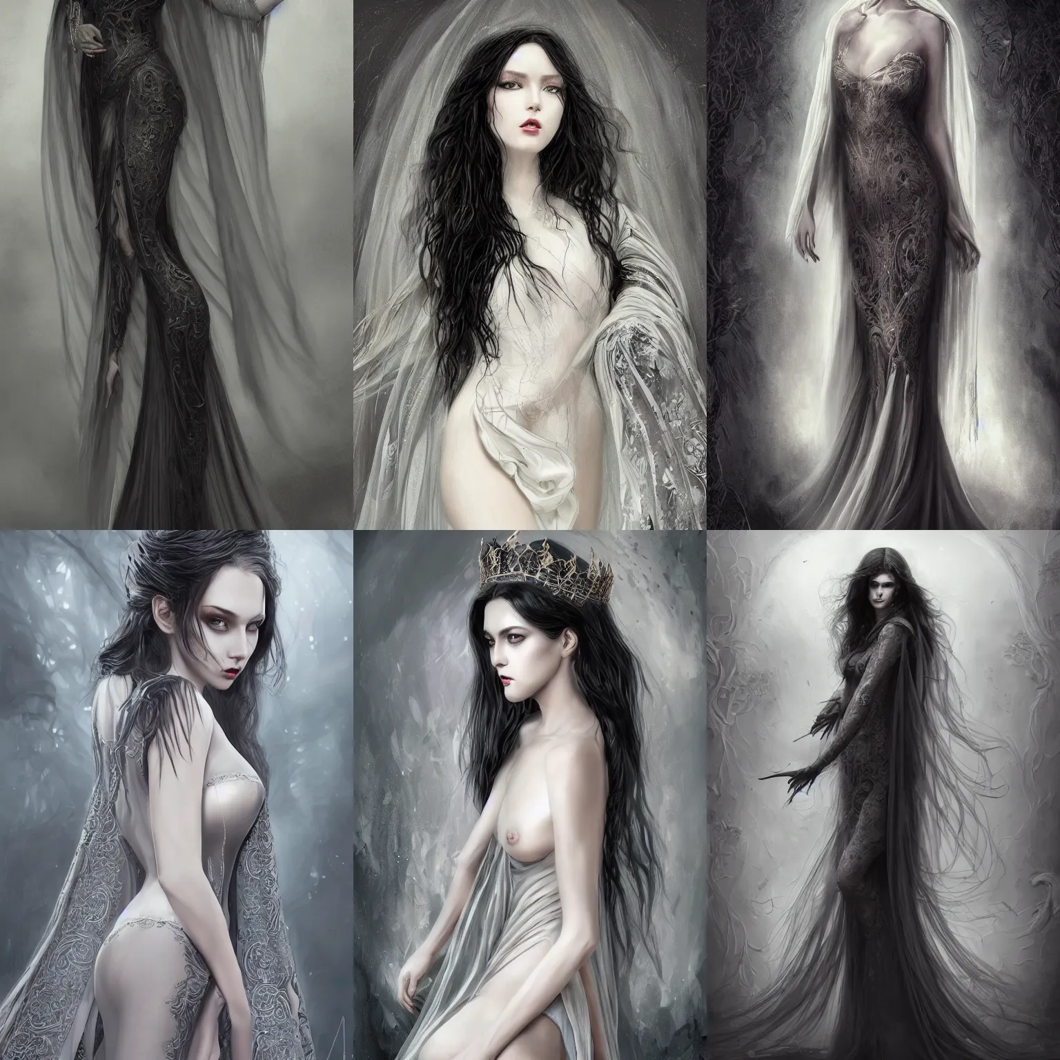 Prompt: ultra realist and ultra intricate detailed soft painting of a beautiful female porcelain queen of the death in long slim curvy dress and cape, thin lustrous long dark hair, symmetry features, sensual gloomy style, volumetric dense fog, cinematic, 8k resolution, photorealistic, digital painting, dark atmosphere, artstation, concept art, sharp focus, moonlight background, artstation trending, octane render, unreal engine