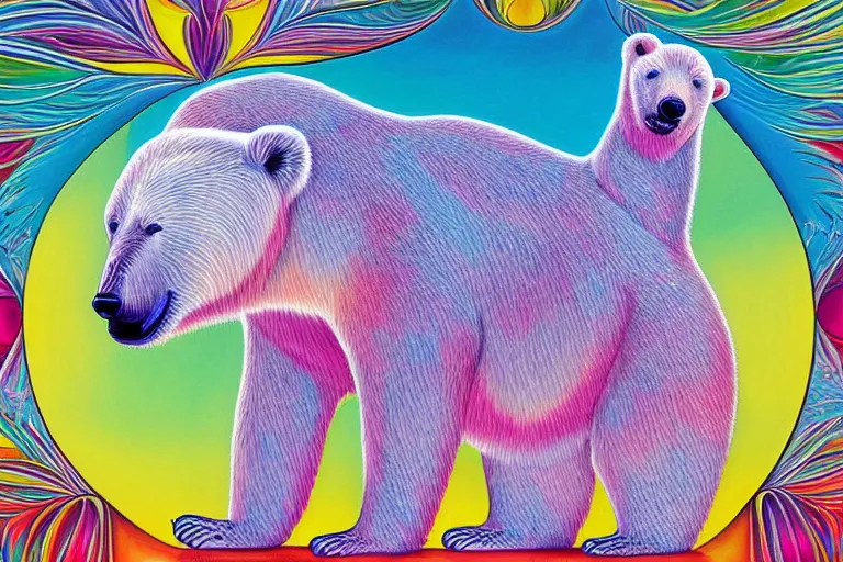 Image similar to a relaxed polar bear looking to the sky by lisa frank, alex grey, flooko, acrylic, digital art, painting,