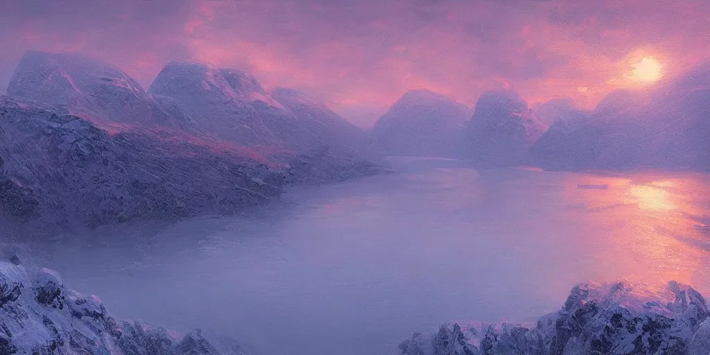 Prompt: snow covered fjords in norway at dawn by Alena Aenami and Marc Simonetti, matte painting, Hudson River school, colorful