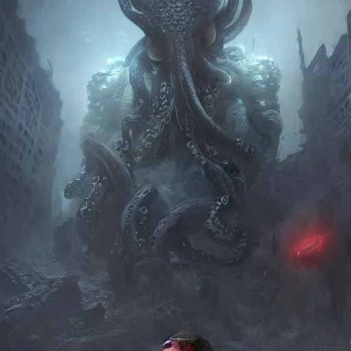 Prompt: ted cruz as a hideous octopus monster, destroys a city, greg rutkowski