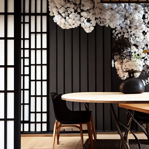 Image similar to lounge and dining room, stone, interior design, stylish luxury hotel living room design, yakisugi, black vertical slatted timber, textures, feminine, black walls, art, Japanese pottery vase with flowers, kakejiku, seasonal, Japanese influences