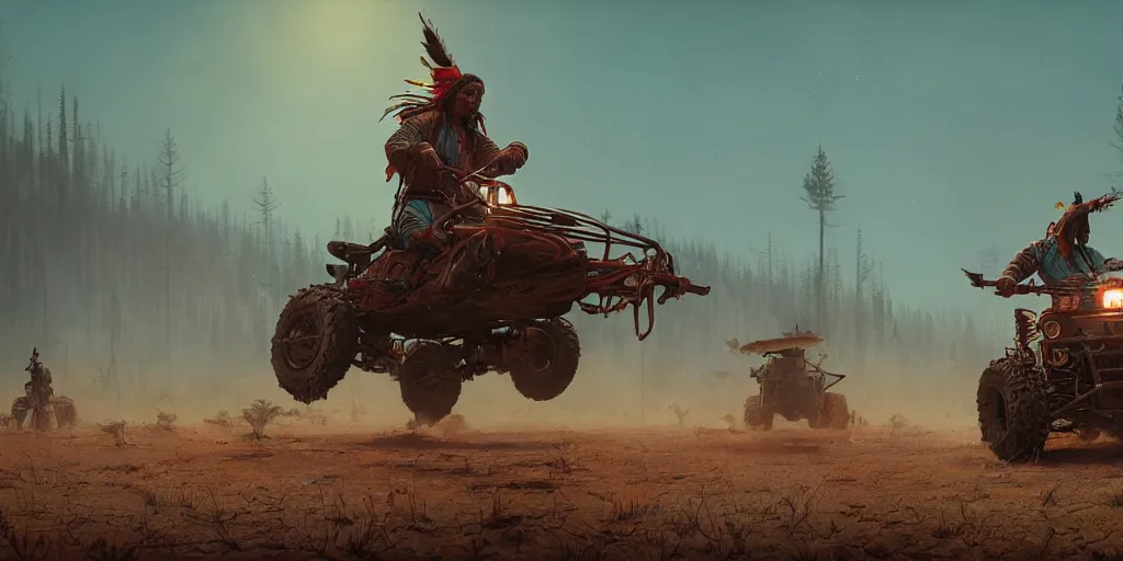 Image similar to native indian on atv attacking bufallos, action scene, an epic fantasy, dramatic lighting, cinematic, establishing shot, extremely high detail, photorealistic, cinematic lighting, artstation, octane render, by simon stalenhag, horizon forbidden west and futuristic western