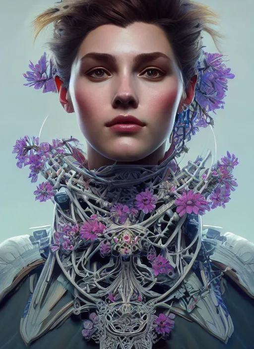 Image similar to symmetry!! portrait of floral! horizon zero dawn machine, intricate, elegant, highly detailed, digital painting, artstation, concept art, smooth, sharp focus, illustration, art by artgerm and greg rutkowski and alphonse mucha, 8 k