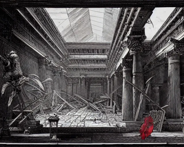 Image similar to Piranesi imagination. red blue and green ballpoint pen on plywood