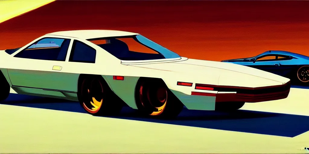 Image similar to art style by Ben Aronson and Edward Hopper and Syd Mead, wide shot view of Need for Speed, on ground level. full view of the hybrid design any two cars from 1980's, with wide body kit modification and dark pearlescent holographic paint.