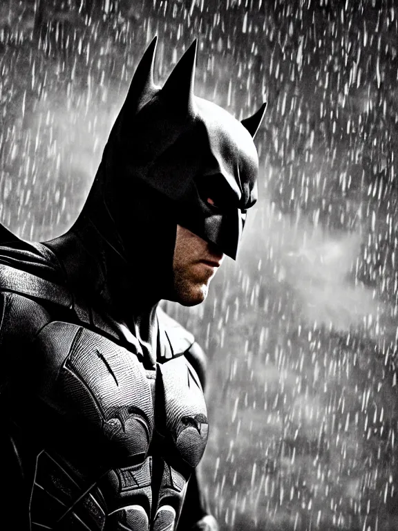 Image similar to film still, ryan reynolds as batman, mask down, hyperrealism, moody lighting, rain, intricate, 8 k