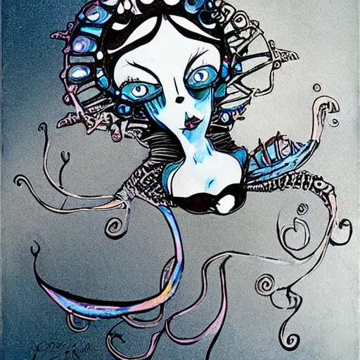 Image similar to a robotic mermaid, art by tim burton