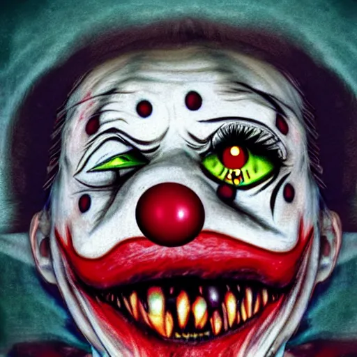 Prompt: distorted clown with bloody eyeballs, scary stories to tell at night