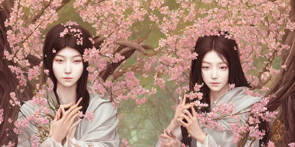 Prompt: breathtaking detailed concept art painting of the goddess of cherry blossom flowers, orthodox saint, with anxious, piercing eyes, ornate background, amalgamation of leaves and flowers, by Hsiao-Ron Cheng, James jean, Miho Hirano, Hayao Miyazaki, extremely moody lighting, 8K