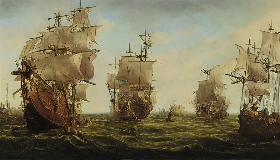 Image similar to a large flying pirate airship, 1 8 th century, realist painting, beautiful, highly detailed