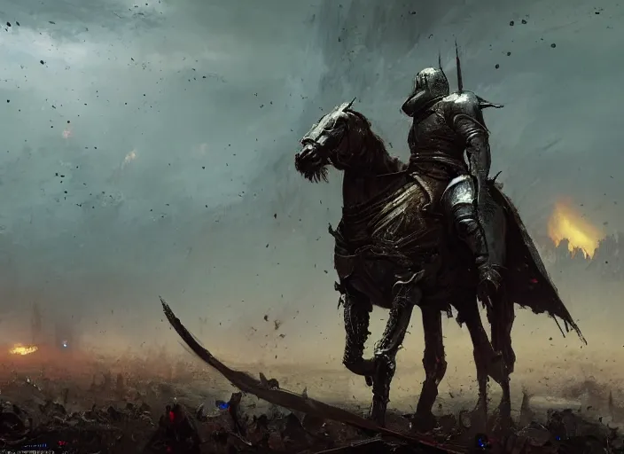 a beautiful wide angle view of an exhausted knight in Stable