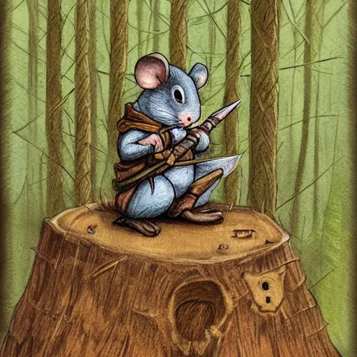 Prompt: Mouse Guard sits on a stump holding a sword, in deep forest, by rivuletpaper, rivuletpaper art, Mouse Guard by David Petersen, mouse photo, small details, realistic illustration, illustrations by Stephen Reid