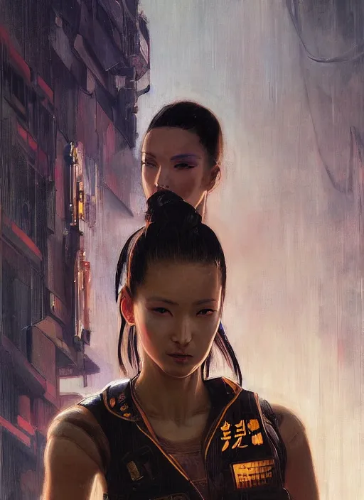 Image similar to Makate. dangerous beautiful cyberpunk female Asian USN marine wearing a military vest and military jumpsuit (cyberpunk 2077, bladerunner 2049). gorgeous face. Iranian orientalist portrait by john william waterhouse and Edwin Longsden Long and Theodore Ralli and Nasreddine Dinet, oil on canvas. Cinematic, hyper realism, realistic proportions, dramatic lighting, high detail 4k