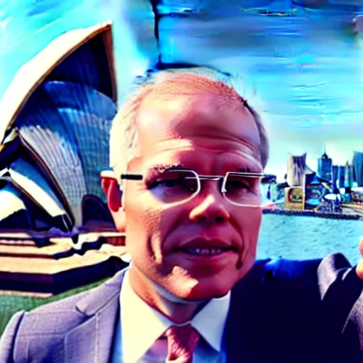 Prompt: Prime Minister Scott Morrison selfie by the Sydney Opera House, cinematic, hyper realism, high detail, vivid colors, octane render, unreal engine, 8k