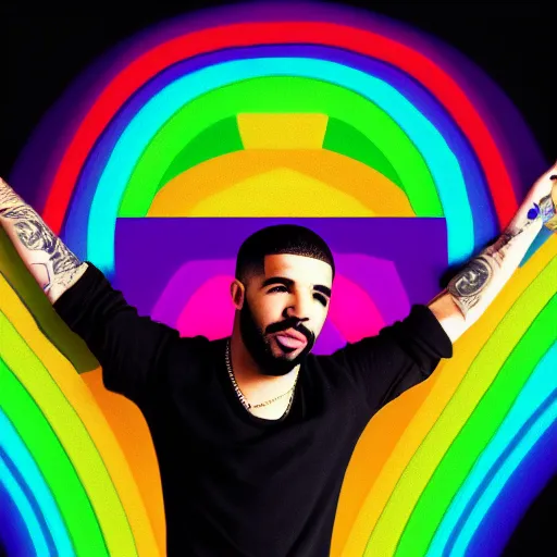 Prompt: drake the rapper in the splits position, with rainbow above his head, high quality, 8 k,