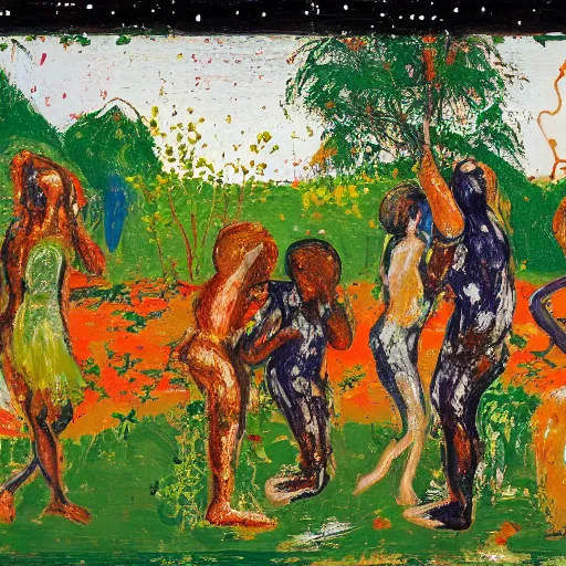 Prompt: 4 peoples dancing in the garden of eden, happy, painted by Asger Jorn, 8k, Peter Doig, minimalist oil paint with thick brushstrokes of paint, ultra detailed, realistic, small spot of thick melting paint drips all over