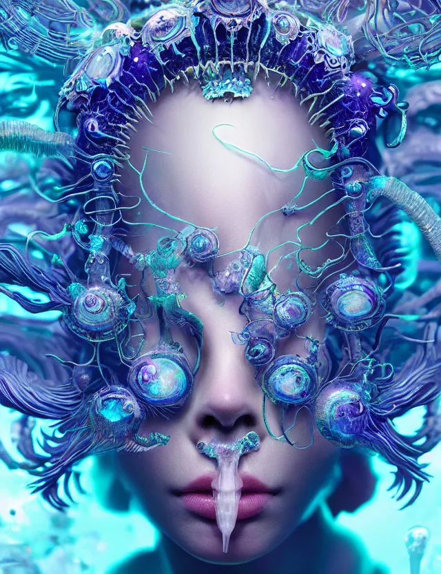 Image similar to goddess macro close - up portrait in crown made of ram skull. betta fish, jellyfish phoenix, bioluminiscent, plasma, ice, water, wind, creature, super intricate ornaments artwork by tooth wu and wlop and beeple and greg rutkowski