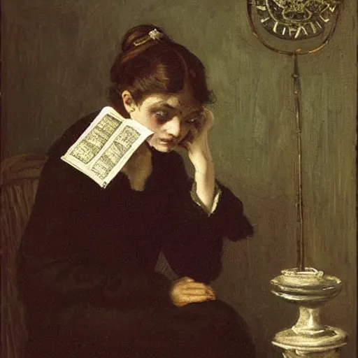 Image similar to scared young victorian lady reading a horror book with an occult symbol on the cover, painted by alfred stevens