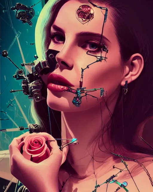 Prompt: portrait of lana del rey as a cyberpunk cyborg. intricate abstract. intricate artwork, tear drops, roses, crucifix, by tooth wu, wlop, beeple, dan mumford. concept art, octane render, trending on artstation, greg rutkowski, symmetrical, cinematic, key art, hyper realism, iridescent accents