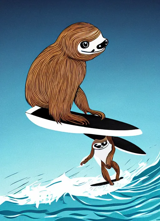 Image similar to beautiful cartoon professional drawing black ink of sloth riding surfboard