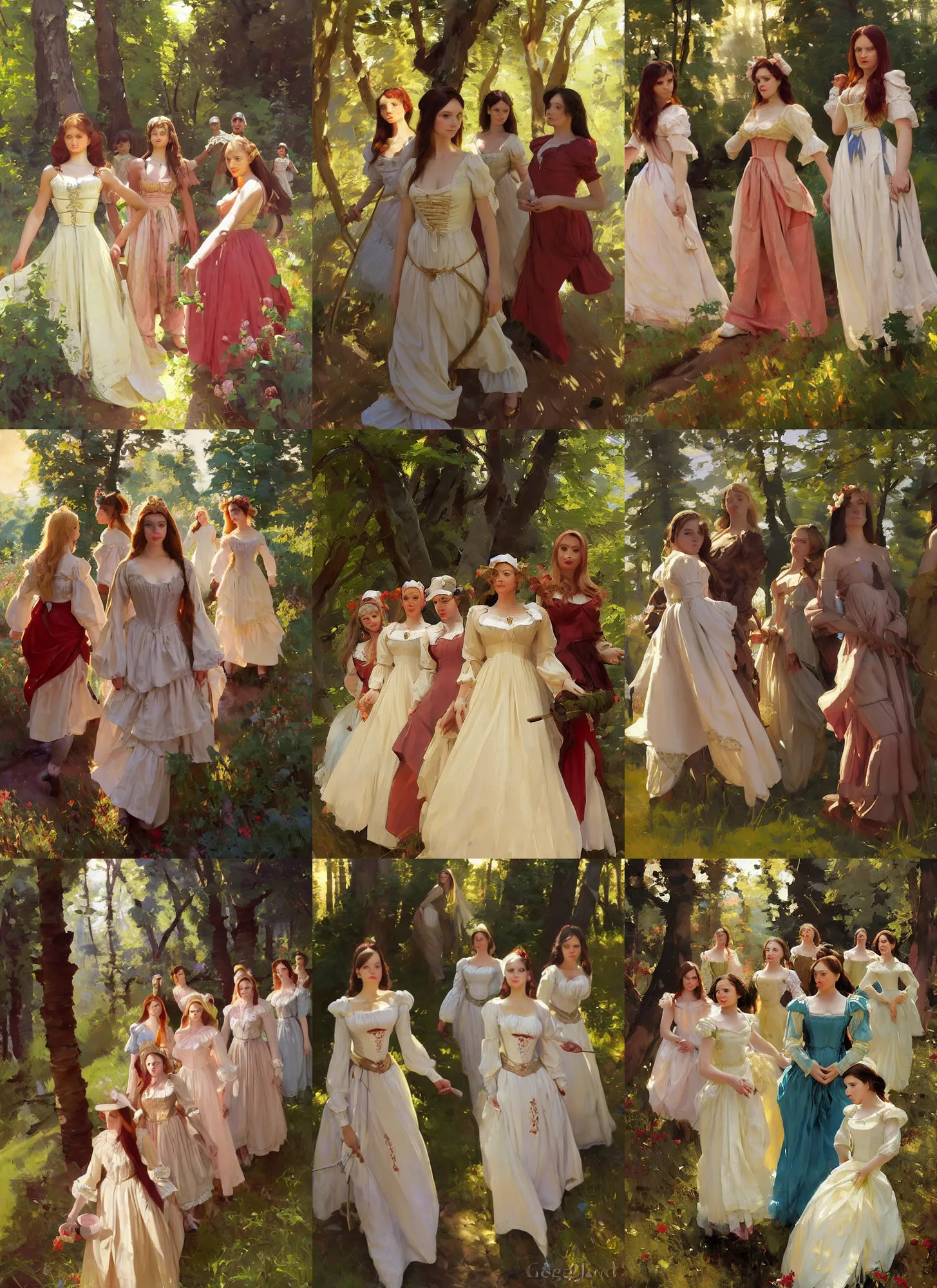 Prompt: group of beautiful belarusian ukrainian russian attractive glamour models wearing as village maidens in 1 7 th century bodice with low neckline walking in the woods at sunset, jodhpurs greg manchess painting by sargent and leyendecker, studio ghibli fantasy medium shot asymmetrical intricate elegant matte painting illustration hearthstone, by greg rutkowski by greg tocchini by james gilleard