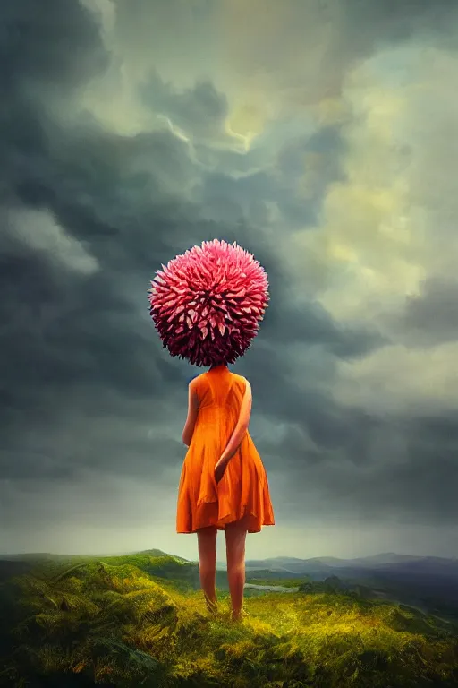 Image similar to closeup girl with giant dahlia flower head, standing on mountain, surreal photography, blue storm clouds, dramatic light, impressionist painting, digital painting, artstation, simon stalenhag