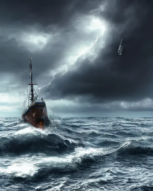 Prompt: establishing shot of a fishing boat on stormy seas, a gigantic star destroyer spaceship emerging from the clouds flying overhead, stormy weather, dramatic lighting, unreal engine, hyper realism, realistic shading, cinematic composition, realistic render, octane render, detailed textures, photorealistic, ultrawide shot, 16mm lens