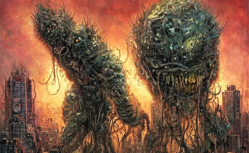 Image similar to an oil painting of biopunk aether monster that consumes new york city in style of lovecraftian horror by simon bisley