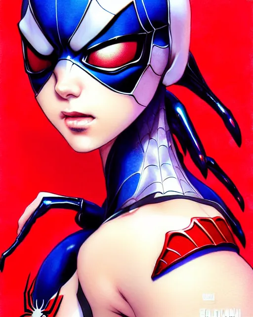 Image similar to full-body portrait Anime spiderman cosplay girl cute-fine-face, pretty face, realistic shaded Perfect face, fine details. Anime. realistic shaded lighting by katsuhiro otomo ghost-in-the-shell, magali villeneuve, artgerm, rutkowski Jeremy Lipkin and Giuseppe Dangelico Pino and Michael Garmash and Rob Rey