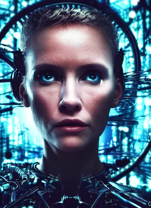 Prompt: 35mm portrait of a sophisticated intricate terminator woman's head on the background of a weird magical mechanical forest. Round gears visible inside her hear. Very detailed 8k. Fantasy cyberpunk horror. Sharp.