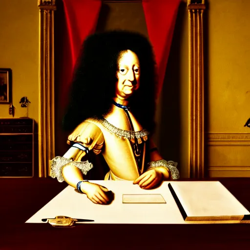 Image similar to Portrait of a mummy sitting at a Louis XIV desk, with very old curtains in the room. The desk has a very old phone on it. Dusty air