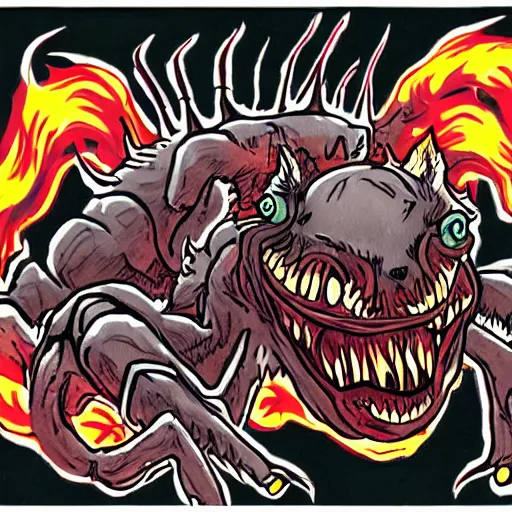 Prompt: spider dog monster with four heads breathing fire and crushing buildings, in the style of Junji Ito heavy ink