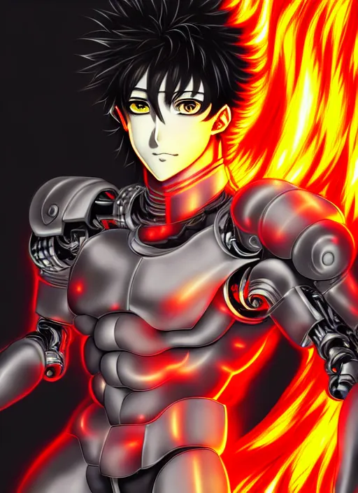 Image similar to a detailed manga full body portrait illustration of a dark haired cyborg anime man surrounded by fire by hirohiko araki, detailed artwork, realism, 4 k resolution, detailed, high quality, sharp focus, hq artwork, insane detail, volumetric lighting, character concept art, fine details, clear subject, central subject