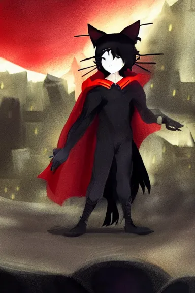 Image similar to little boy with cat ears in an black outfit with red cape. digital artwork made by lois van baarle and kentaro miura, sharpness focus, inspired by hirohiko araki, anatomically correct, heroic composition, hero pose, smooth, night city, hd