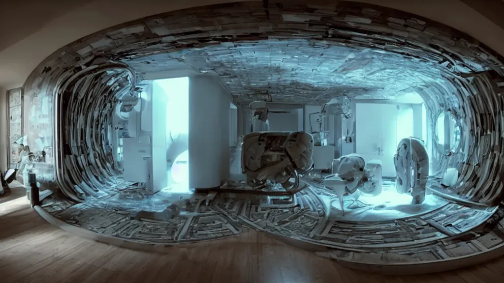 Prompt: an mri image open mri exposed uncovered machine portal in the living room, film still from the movie directed by denis villeneuve with art direction by salvador dali, wide lens