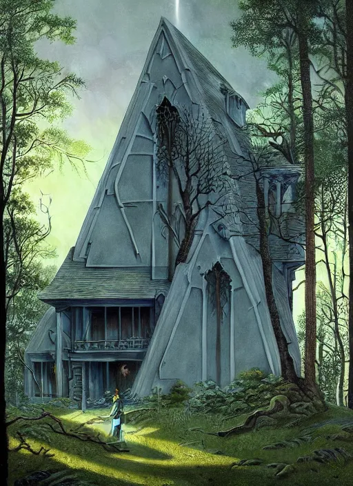 Image similar to hyper realistic witchy modern gothic house with mood lighting and tech in the woods gorgeous lighting, sunbeams blue sky, highly detailed, lush forest foliage painting by zdzisław beksinski and norman rockwell and greg rutkowski weta studio, and lucasfilm