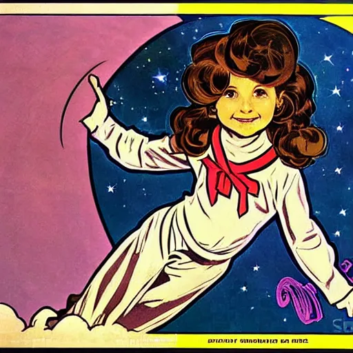 Image similar to a cute little girl with a mischievous face and short brown wavy curly hair. she is dressed as an astronaut. well composed, clean elegant painting, beautiful detailed face. comic book art by steve ditko and jack kirby and ( alphonse mucha )