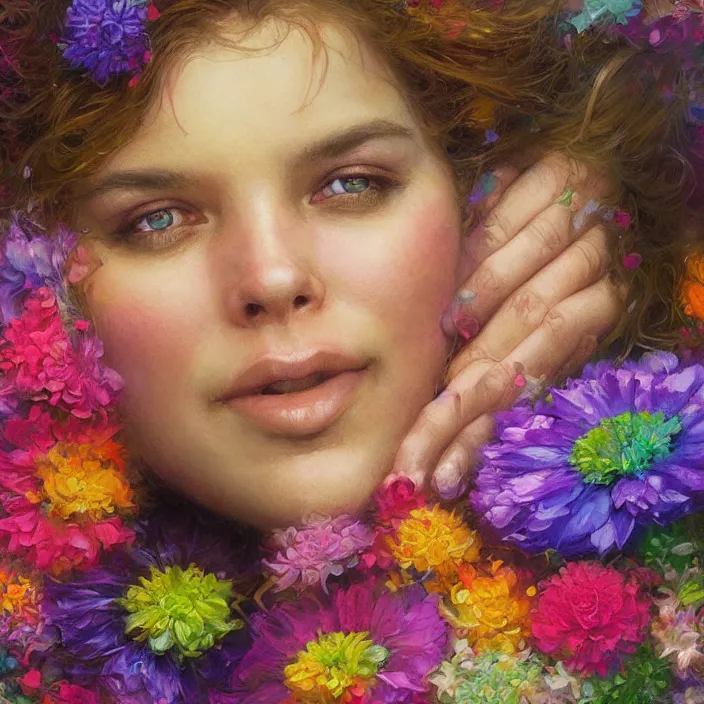 Image similar to portrait of women hugging made of colorful rainbow fractal flowers hugging , closeup character portrait art by Donato Giancola, Craig Mullins, digital art, trending on artstation