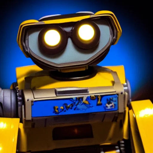 Image similar to photo of wall - e, blue and yellow glowing lights, dark, highly detailed