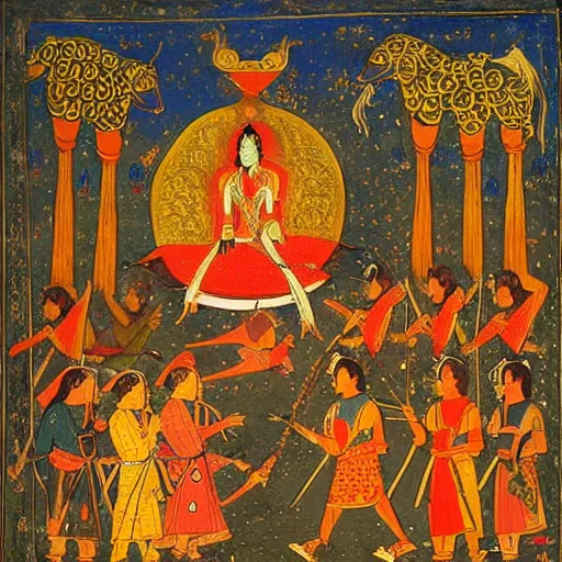 Image similar to woman warrior falls in battle and ascends to godhood. warriors watch in astonishment, mughal art painting by govardhan