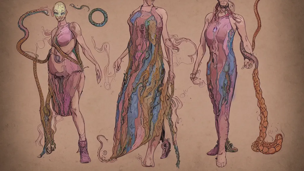 Prompt: aged paper, colorful character sheet for a stocky alien extraterrestrial female servant maid with thick snake - like tentacles instead of hair, long dress with apron, retrofuture, valerian, moebius, coherent, illustration, digital art, trending on artstation, hd, 8 k, good lighting, beautiful, rough paper, masterpiece